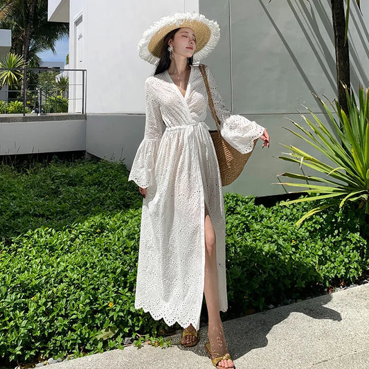 Elegant French Embroidered Long Dress - Flare Sleeve White Cardigan