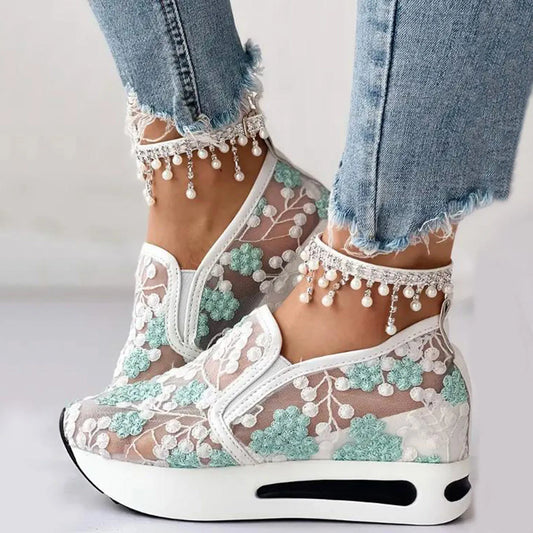 Summer Breathable Lace Mesh Sneakers - Floral Embroidery Thick Sole