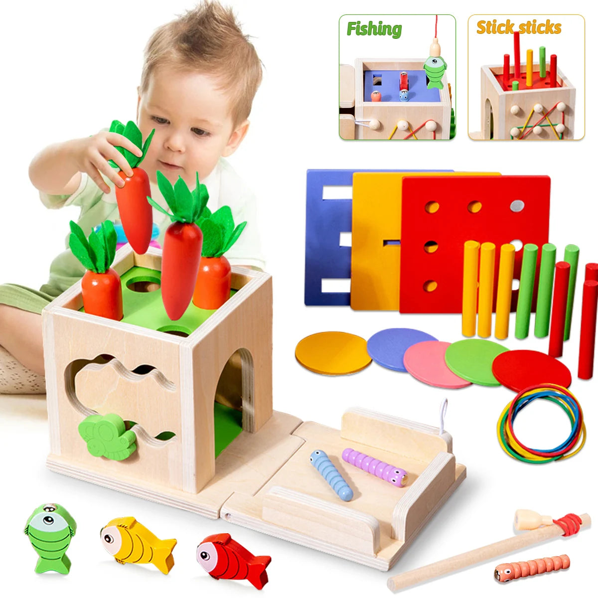 Montessori Mastery Garden: 8 in 1 Wooden Carrot & Shape Educational Toy